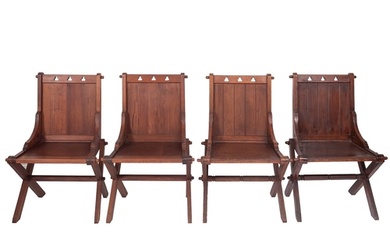 A set of four Victorian pitch pine Glastonbury chairs, late ...