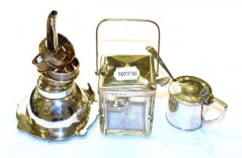 A silver and glass sugar jar, lift action lid, Goldsmiths...