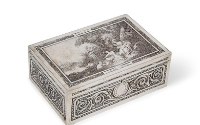 A silver plated 'Le Denicheur' design jewellery box, c.1900, the rectangular box engraved with a reproduction of Le Boucher's painting to lid, copper tones to detailed areas, the sides designed with foliate scroll decoration and the interior lined...