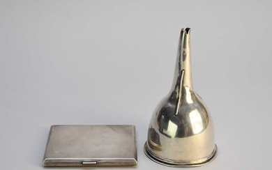 A silver wine funnel and a silver cigarette case