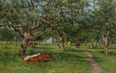 ALBERT CAULLET (BELGIAN 1875-1950) CATTLE AND HORSES RESTING
