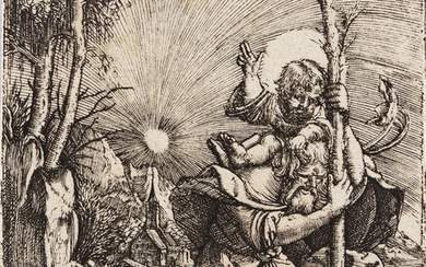 ALBRECHT ALTDORFER St. Christopher. Engraving, 1515-20. 64x58 mm; 2 5/8x2 3/8 inches, thread...
