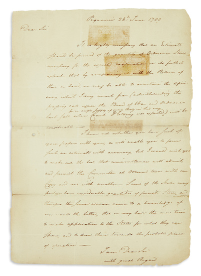 (AMERICAN REVOLUTION--1780.) [Washington, George.] Letter concerning the need for ammunition in the wake...