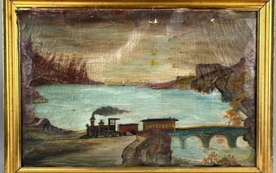 AMERICAN SCHOOL (Late 19th/Early 20th Century,), Primitive painting of a train crossing a bridge.