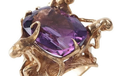 AN AMETHYST DRESS RING-Of abstract figural design, featuring an oval amethyst weighing an estimated 19.0cts, in 14ct gold, ring size...