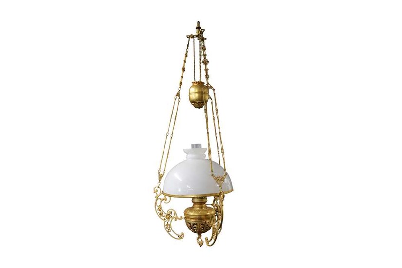 AN ANGLO INDIAN RISE AND FALL GILT BRASS HANGING LAMP, LATE 20TH CENTURY