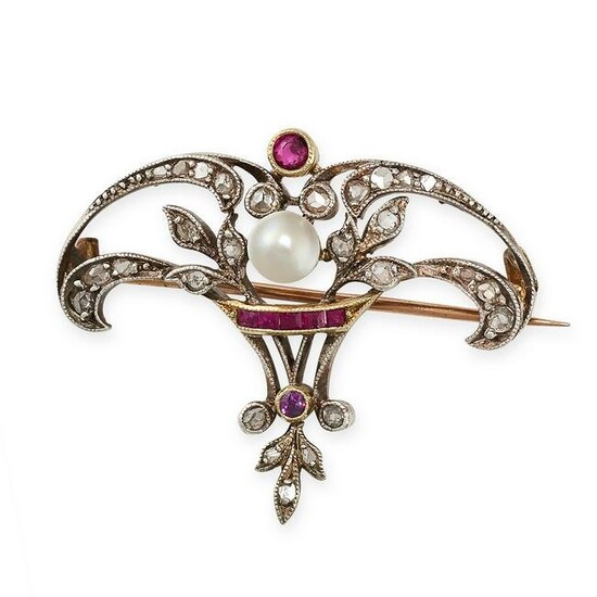 AN ANTIQUE BELLE EPOQUE PEARL, RUBY AND DIAMOND BROOCH