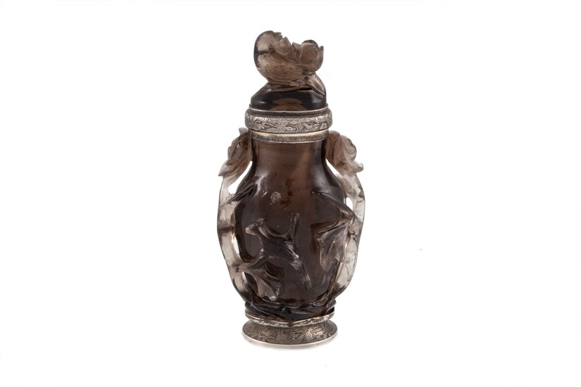 AN ANTIQUE FRENCH CARVED SMOKY QUARTZ PERFUME BOTTLE stamped...