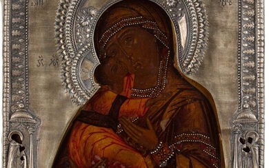 AN ICON SHOWING THE VLADIMIRSKAYA MOTHER OF GOD WITH RIZA...