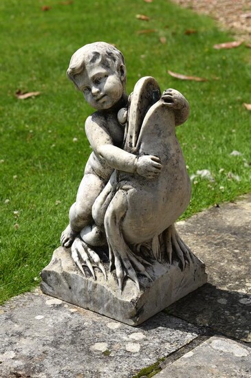AN ITALIAN CARVED WHITE MARBLE FOUNTAIN FORMED AS A CHILD HOLDING A FROG, PROBABLY LATE 19TH CENTURY