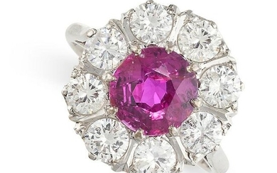 AN UNHEATED RUBY AND DIAMOND CLUSTER RING set with an