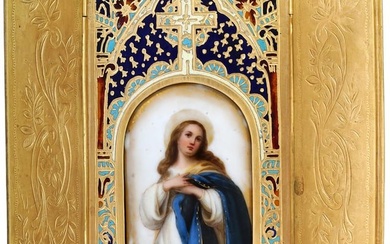 ANTIQUE MINIATURE OF VIRGIN MARY IN CLOISONNE FRAME
