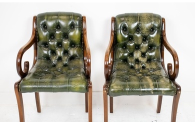 ARMCHAIRS, a pair, Regency style mahogany and buttoned green...