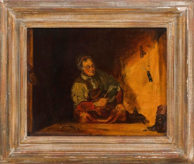 ATTRIBUTED TO FRANCIS WILLIAM EDMONDS, New York, 1806-1863, Interior scene with a cobbler., Oil on canvas laid down on masonite, 10....