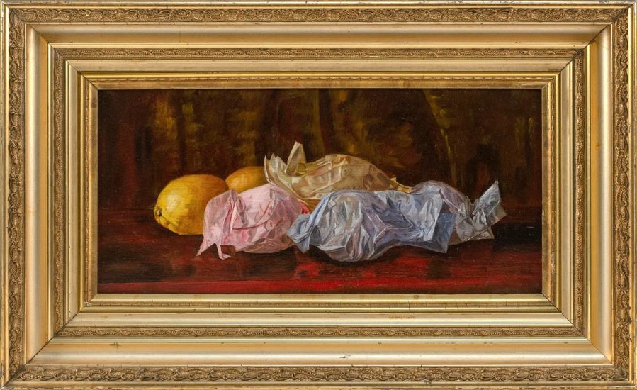ATTRIBUTED TO NELLIE STROBRIDGE, Massachusetts, 1860-1947, Wrapped lemons., Oil on canvas, 10" x 21". Framed 17.5" x 29".
