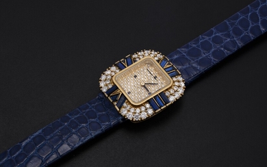 AUDEMARS PIGUET, A LADIES GOLD WRISTWATCH SET WITH DIAMONDS AND SAPPHIRES AND A PAVED DIAL