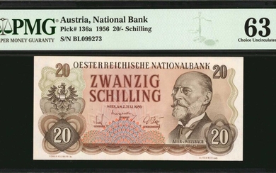 AUSTRIA. Oesterreichische Nationalbank. 20 Schilling, 1956. P-136a. PMG Choice Uncirculated 63 EPQ.