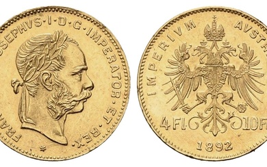 AUTRICHE. François-Joseph (1848-1816). 4 florins - 10 couronnes 1892. Au (18,95 mm - 3,25 g)....