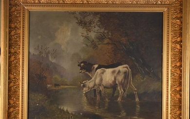 According to Theodore LEVIGNE (1848-1912). Landscape with cows, Bard 1896. Oil on canvas signed "D'ap. th. Lévigne", located and dated lower right. 54x65 cm. (Painting lacks and hole at the bottom). Period frame in wood and gilded stucco, 76,5x87,5 cm...