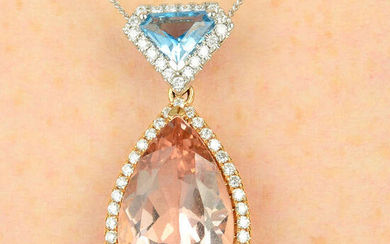 An 18ct gold morganite, aquamarine and diamond pendant.