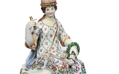 An Academic Meissen figure of a seated lady wearing a mitre hat