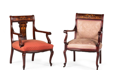 An Edwardian Style Mahogany and Marquetry Five-Piece Seating Suite