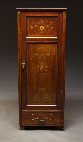 An Edwardian mahogany and marquetry inlaid hall cupboard, converted from a larger wardrobe, with panelled door enclosing storage space, over base drawer, raised on ceramic casters, 162cm high, 65cm wide, 53cm deep