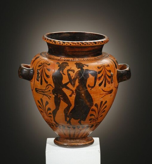 An Etruscan Black Figure Stamnos with Satyr and Maenad