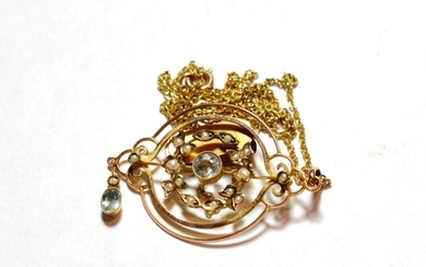 An aquamarine and split pearl pendant on chain, pendant bale...