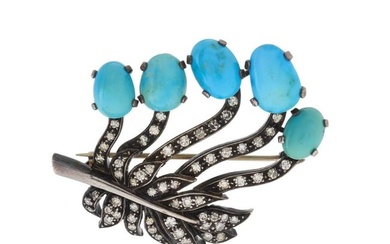 An early 20th century silver and gold, turquoise and diamond brooch