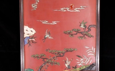 An exquisite zitanwood wood lacquer-embedded hanging screen with landscape, flower and bird patterns