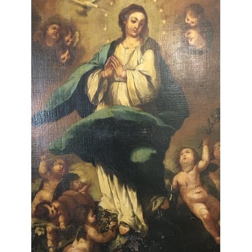 An oil painting on canvas depicting the Madonna with cherubs...