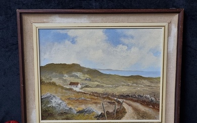 An original oil on board painting features serene cottage co...