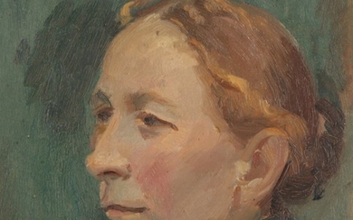 Anna Ancher: Portrait of a woman from Skagen in profile from the left. Signed and dated A. Ancher, 1908. Oil on cardboard. 23×19.5 cm.