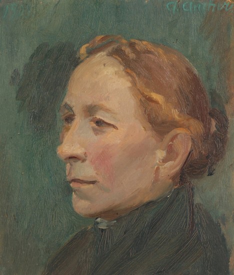 Anna Ancher: Portrait of a woman from Skagen in profile from the left. Signed and dated A. Ancher, 1908. Oil on cardboard. 23×19.5 cm.