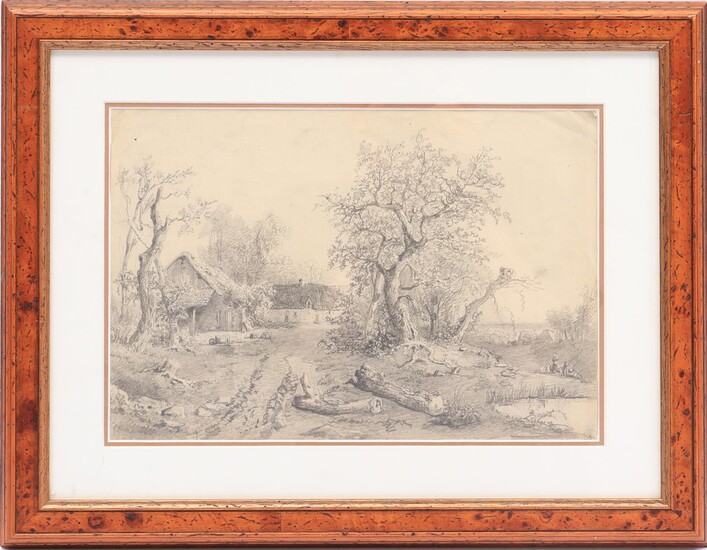 (-), Anonymous, Landscape with a farmhouse, pencil drawing...