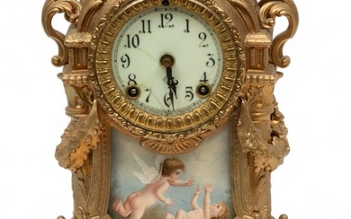Ansonia Clock Company (American) French Style Gilt Metal Mantel Chime Clock, Ca. 1900, H 13" W 8"