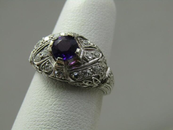 Antique Art Deco Platinum Amethyst Diamond Ring, Sz. 4