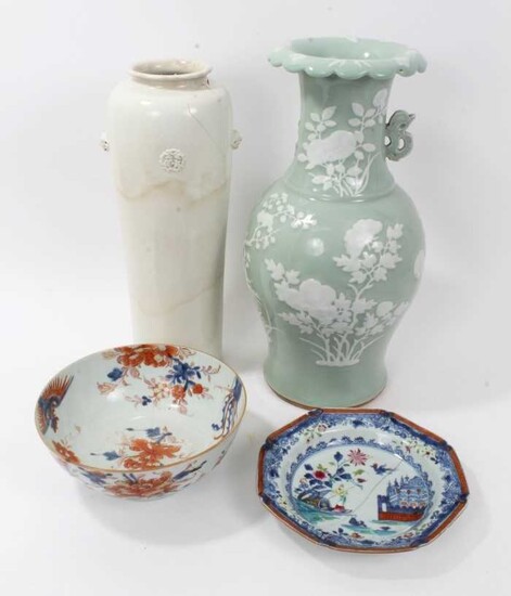 Antique Chinese ceramics, including a large 17th/18th century Dehua blanc de chine cylindrical vase with moulded masks and roundels, 40.5cm height, a 19th century celadon ground vase, an 18th centu...