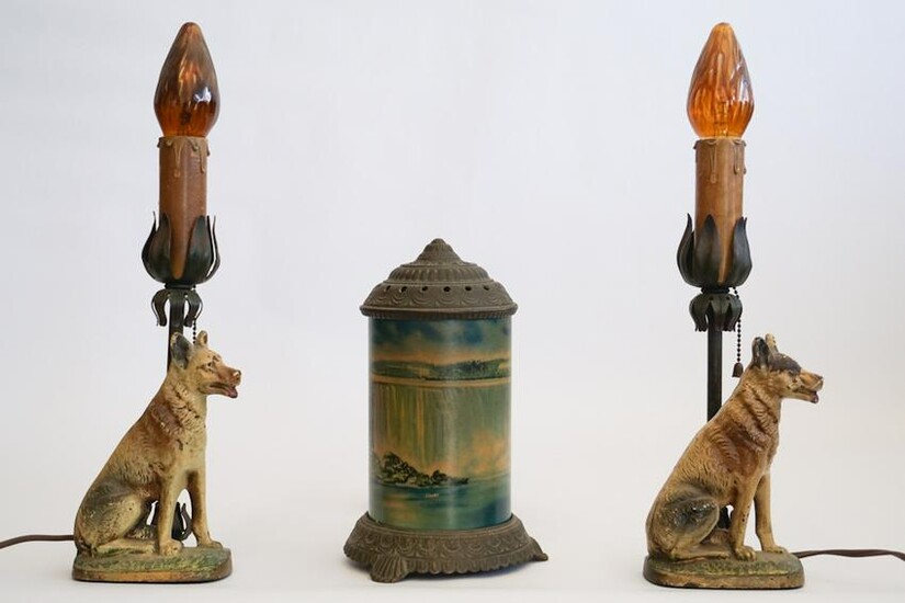 Antique Cold Painted Metal Dog Form Table Lamps