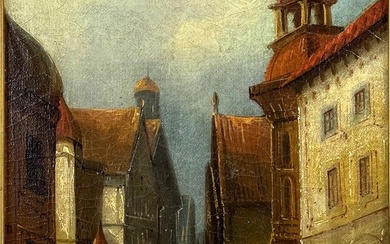 Antique European City Scene Oil on Canvas Framed Painting