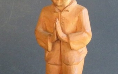 Antique German Black Forest Wood Figurine Boy Praying 1900s, Hand Carved