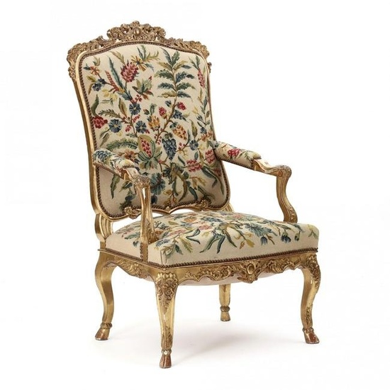 Antique Louis XV Style Carved Giltwood Fauteuil