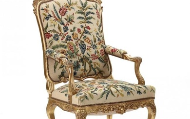 Antique Louis XV Style Carved Giltwood Fauteuil