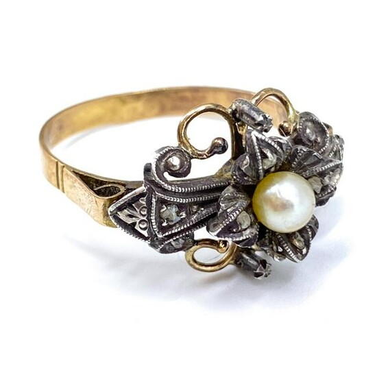 Antique Rose Cut Diamond 14k Gold and Pearl Ring