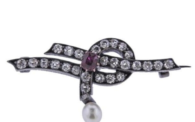 Antique Silver Ruby Diamond Pearl Brooch Pin