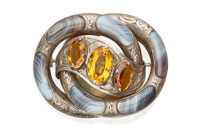 Antique Sterling Silver, Banded Agate and Citrine Brooch
