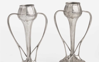 Archibald Knox for Liberty & Co., London Pair of Pewter Twin Handled "Tulip" Vases, England, circa 1903
