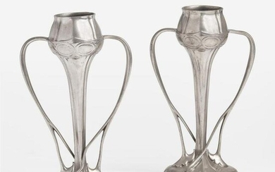 Archibald Knox for Liberty & Co., London Pair of Pewter Twin Handled "Tulip" Vases, England, circa