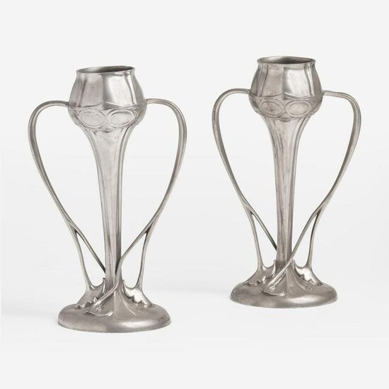 Archibald Knox for Liberty & Co., London Pair of Pewter Twin Handled "Tulip" Vases, England, circa